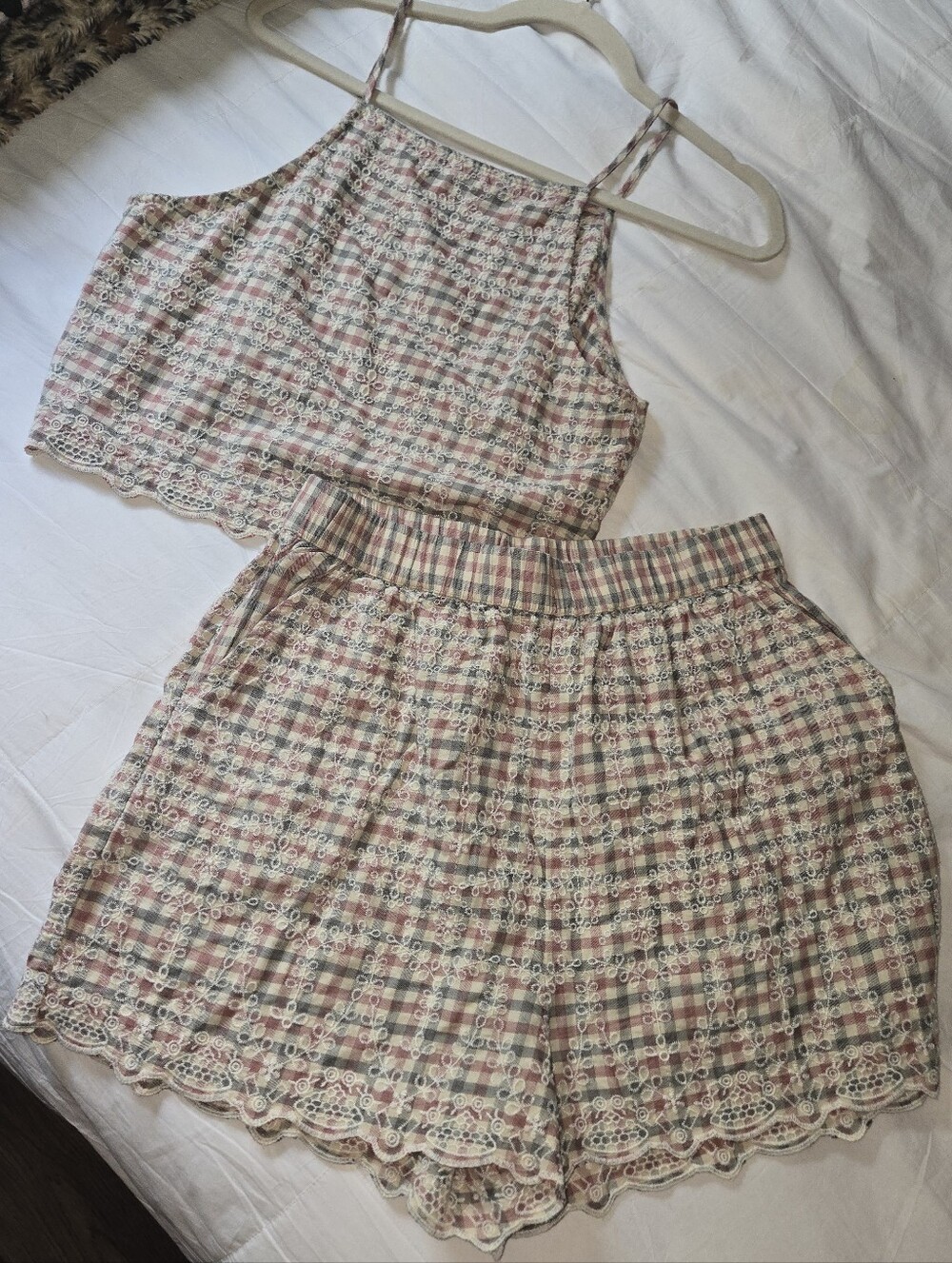 American Eagle Outfitters Pink Cream Plaid Lace-Trim Women's Shorts Set